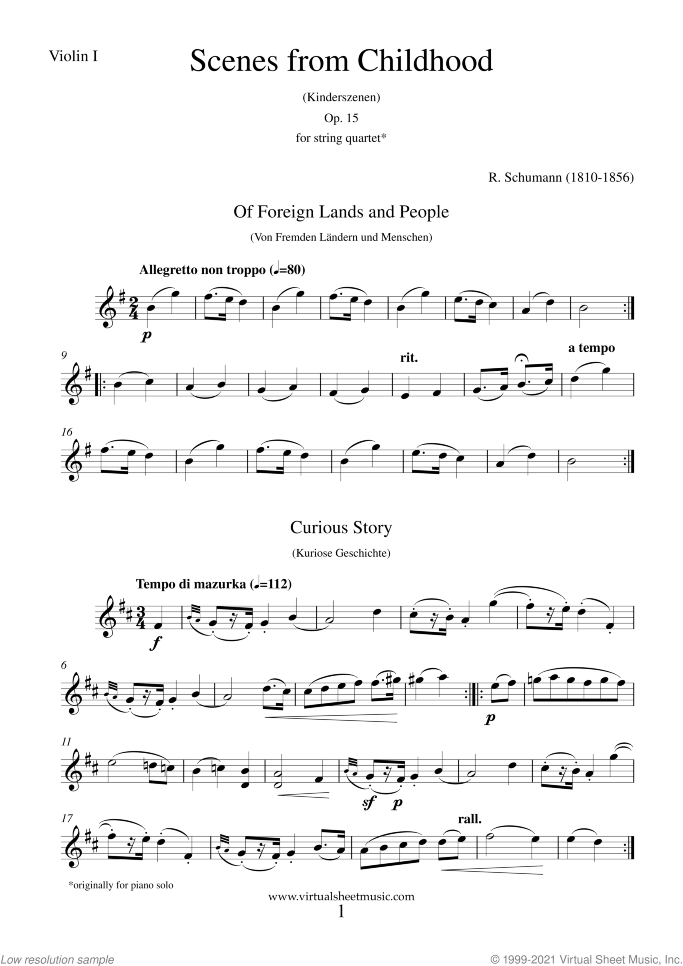 Scenes from Childhood (Kinderszenen) Op.15 (parts) sheet music for string quartet by Robert Schumann, classical score, easy skill level