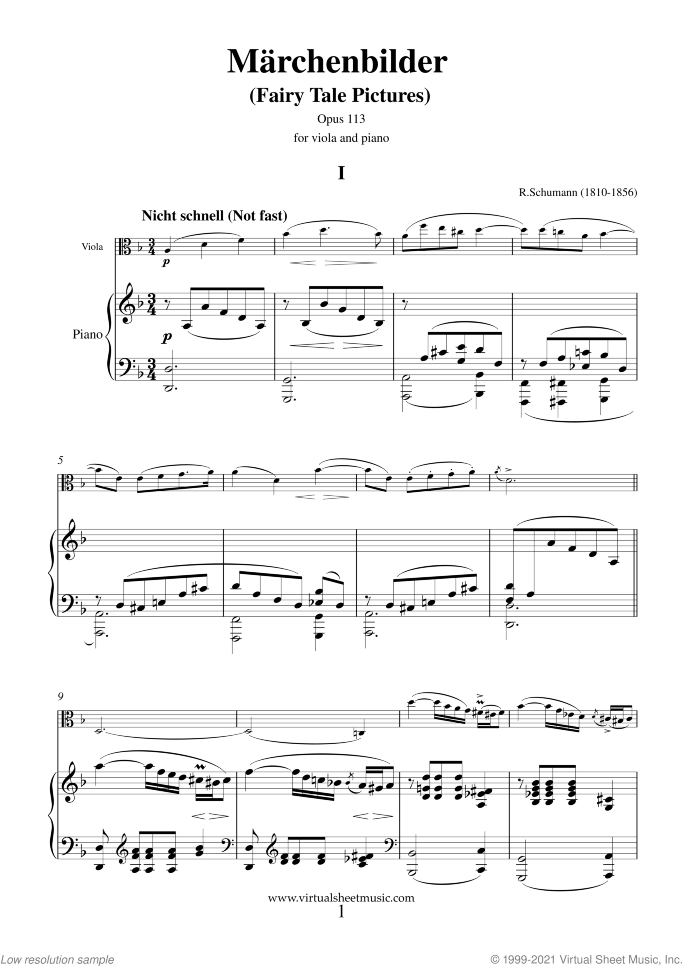 Marchenbilder (Fairy Tale Pictures) sheet music for viola and piano by Robert Schumann, classical score, intermediate skill level