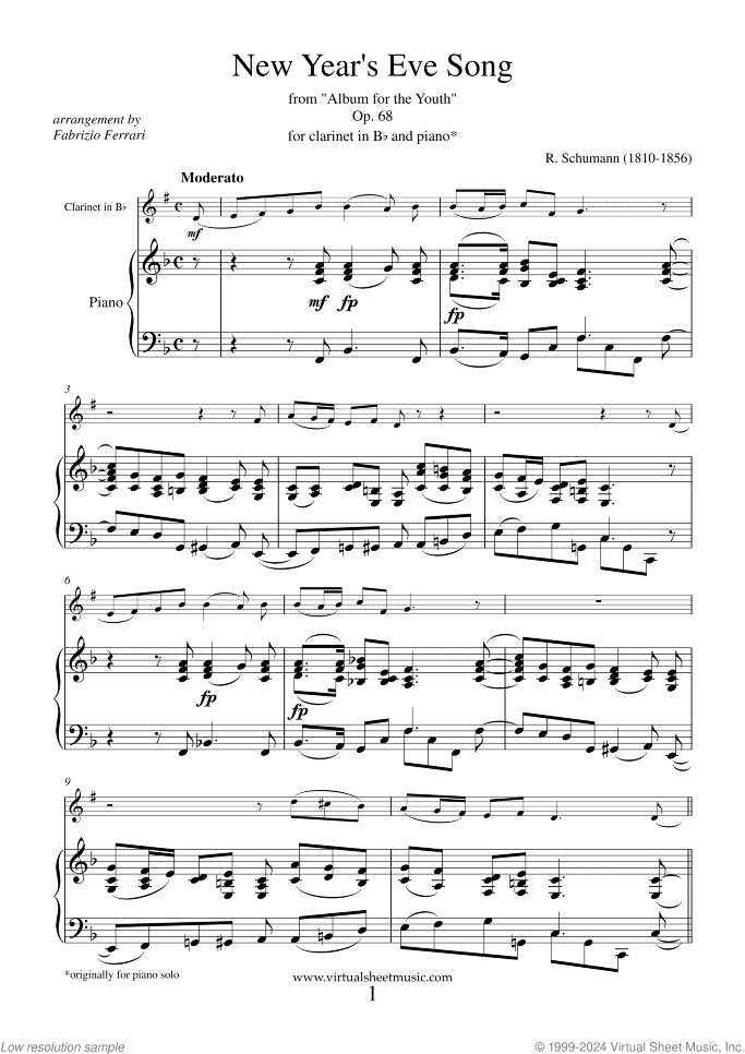 New Year's Eve Song sheet music for clarinet and piano by Robert Schumann, classical score, intermediate skill level