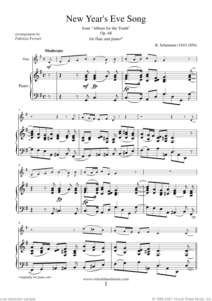 New Year's Eve Song sheet music for flute and piano by Robert Schumann, classical score, intermediate skill level