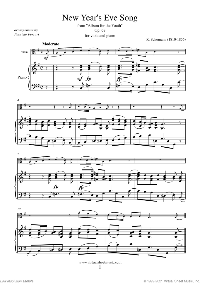 New Year's Eve Song sheet music for viola and piano by Robert Schumann, classical score, intermediate skill level