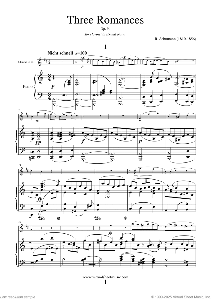 Three Romances Op.94 sheet music for clarinet and piano by Robert Schumann, classical score, intermediate skill level