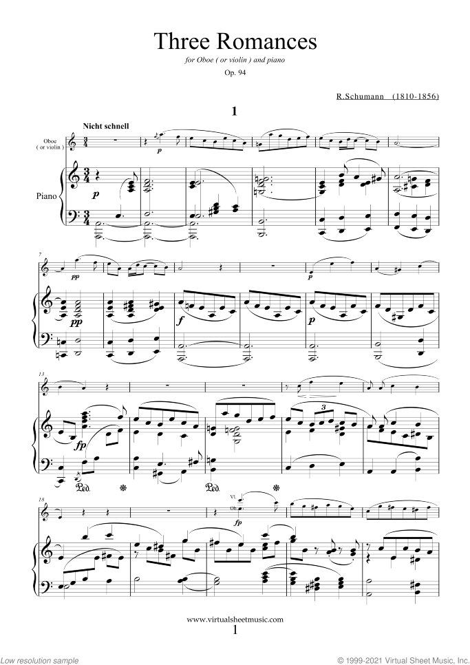 Three Romances Op.94 sheet music for oboe (or violin) and piano by Robert Schumann, classical score, intermediate skill level