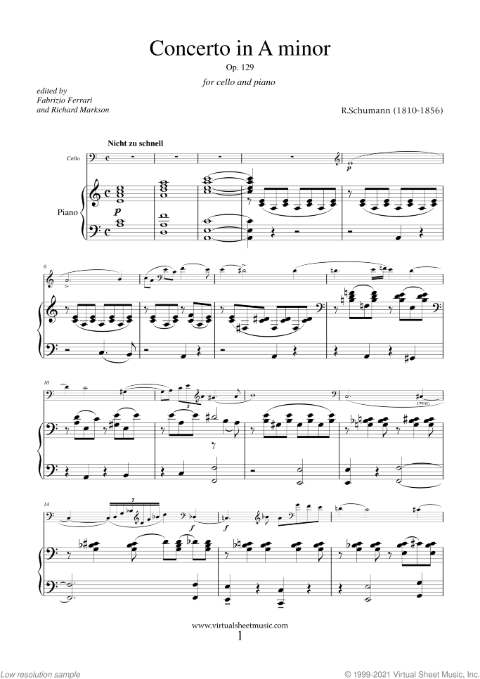 Concerto in A minor Op.129 (3rd Edition) sheet music for cello and piano by Robert Schumann, classical score, advanced skill level
