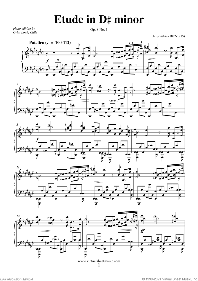Etude in D# minor Op.8 No.12 sheet music for piano solo by Alexander Scriabin, classical score, advanced skill level