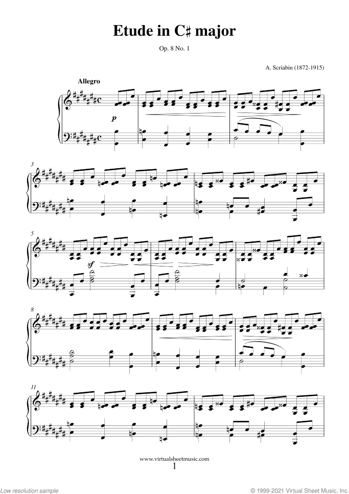 Etude in C# major Op.8 No.1 sheet music for piano solo by Alexander Scriabin, classical score, intermediate skill level