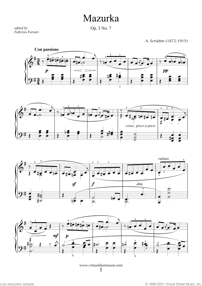 Mazurka Op.3 No.7 sheet music for piano solo by Alexander Scriabin, classical score, intermediate skill level