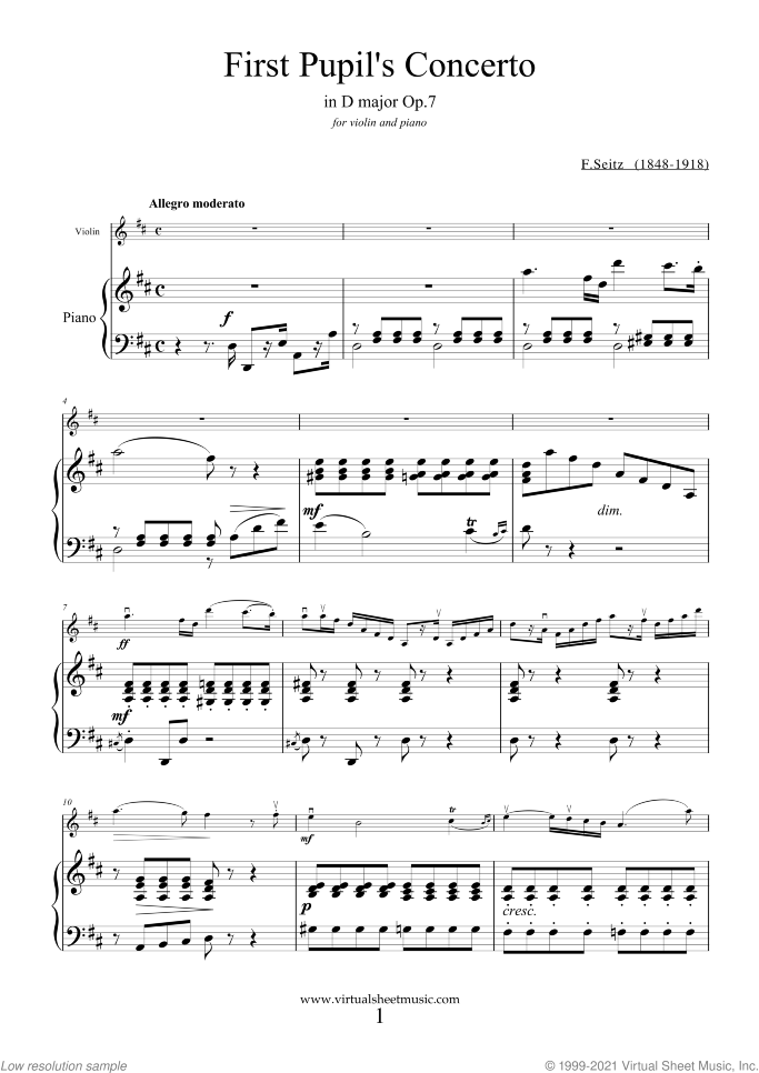 First Pupil's Concerto in D major Op.7 sheet music for violin and piano by Friedrich Seitz, classical score, intermediate/advanced skill level