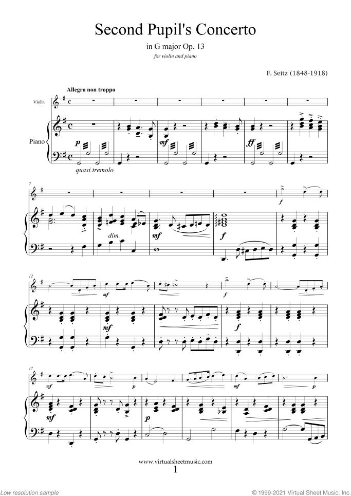 Second Pupil's Concerto in G major Op.13 sheet music for violin and piano by Friedrich Seitz, classical score, intermediate skill level