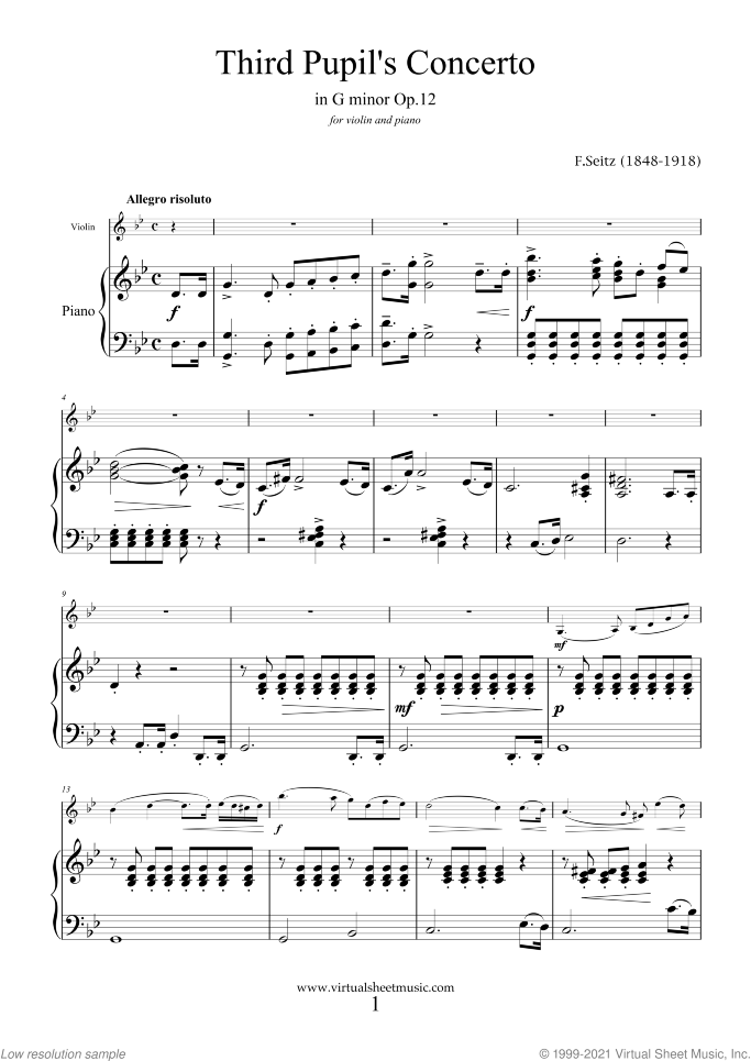 Third Pupil's Concerto in G minor Op.12 sheet music for violin and piano by Friedrich Seitz, classical score, intermediate/advanced skill level