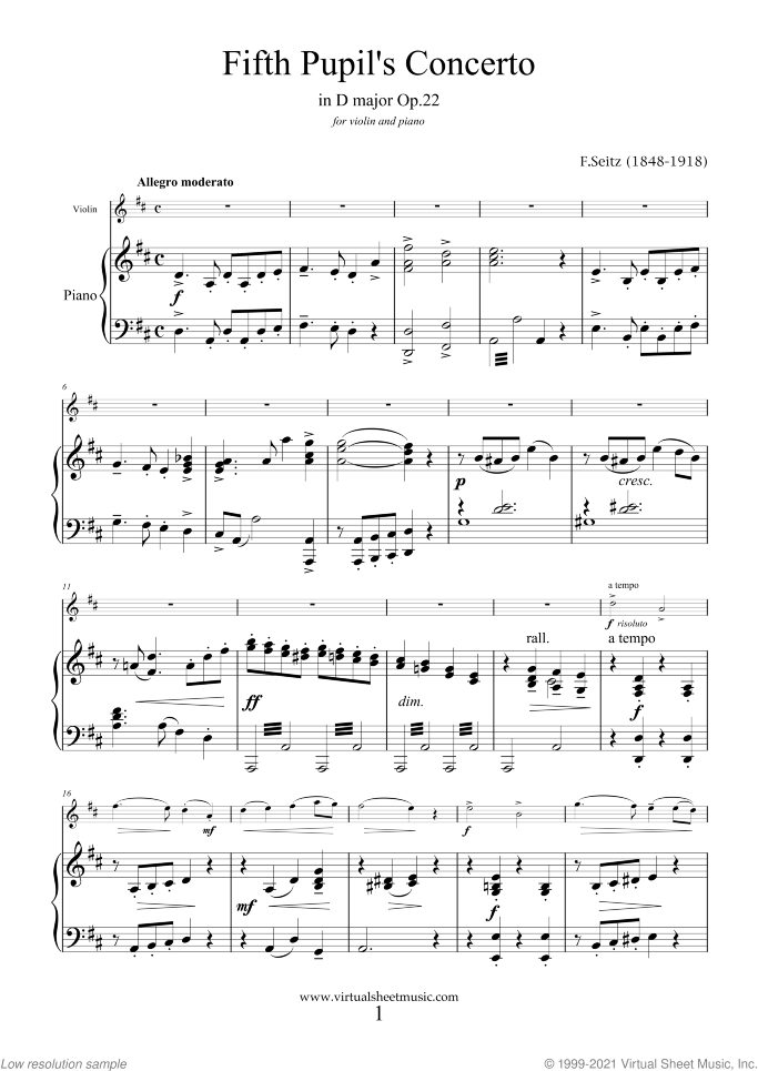 Fifth Pupil's Concerto in D major Op.22 sheet music for violin and piano by Friedrich Seitz, classical score, intermediate/advanced skill level