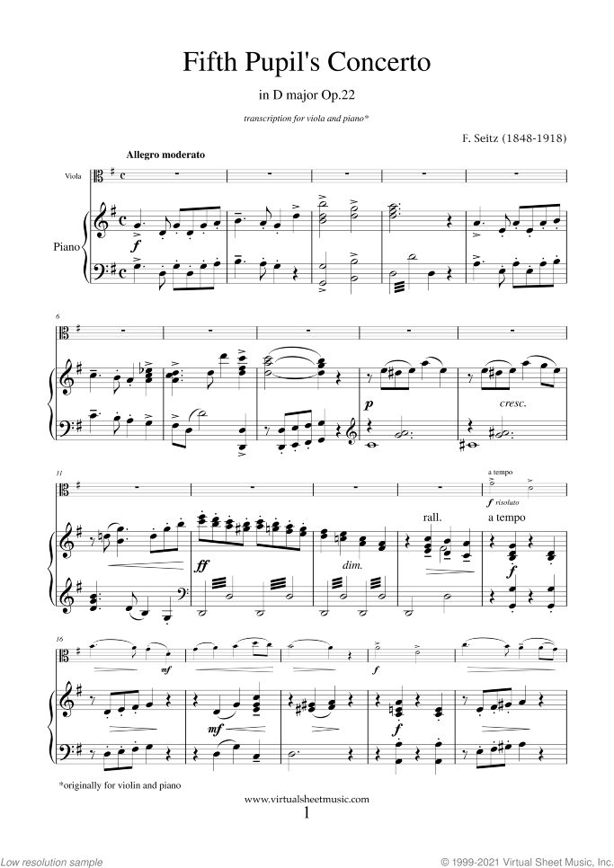 Fifth Pupil's Concerto in D major Op.22 sheet music for viola and piano by Friedrich Seitz, classical score, intermediate/advanced skill level