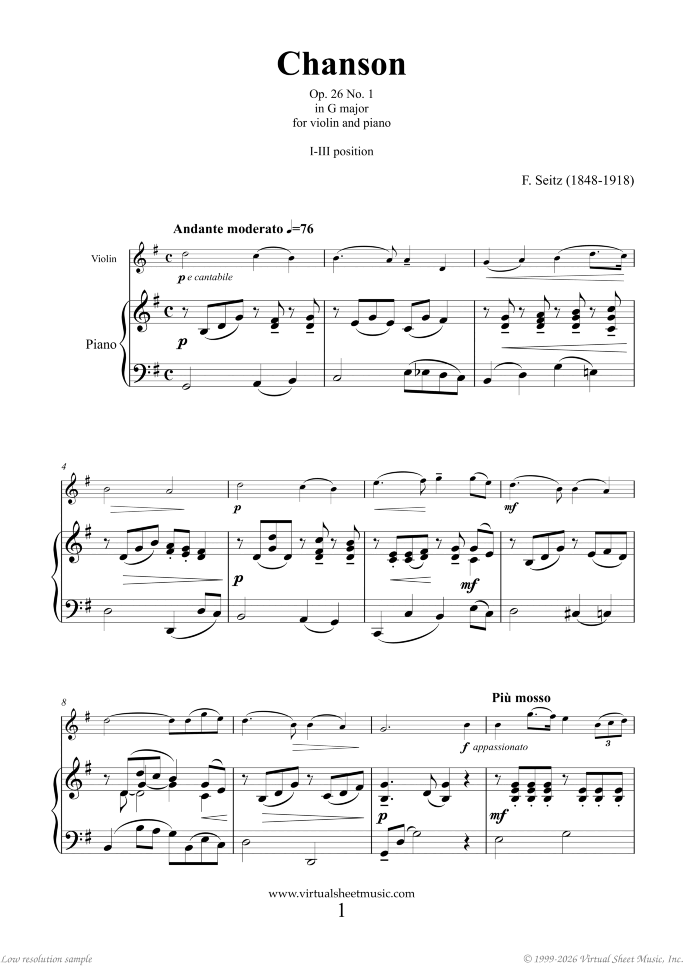 Chanson Op. 26 No. 1 in G major sheet music for violin and piano by Friedrich Seitz, classical score, intermediate+ skill level