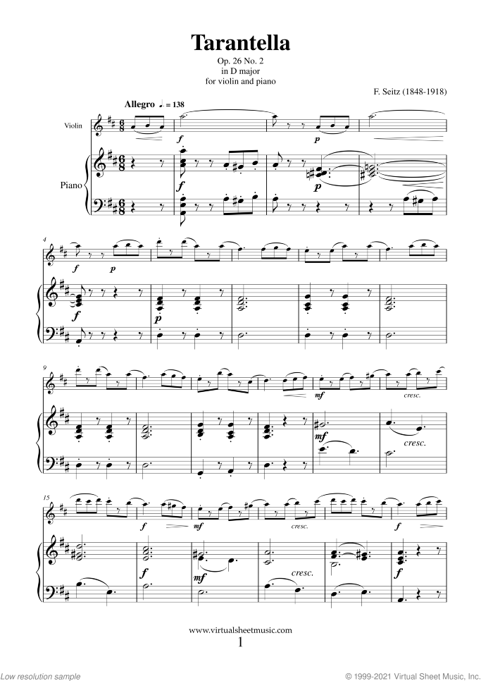 Tarantella in D major Op. 26 No. 2 (NEW EDITION) sheet music for violin and piano by Friedrich Seitz, classical score, intermediate/advanced skill level