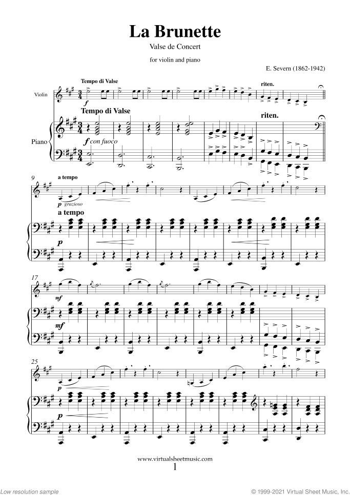 La Brunette sheet music for violin and piano by Edmund Severn, classical score, intermediate skill level