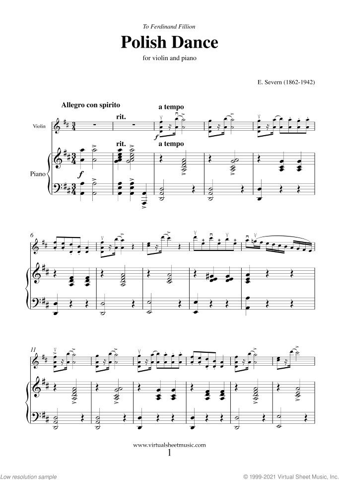 Polish Dance sheet music for violin and piano by Edmund Severn, classical score, intermediate/advanced skill level
