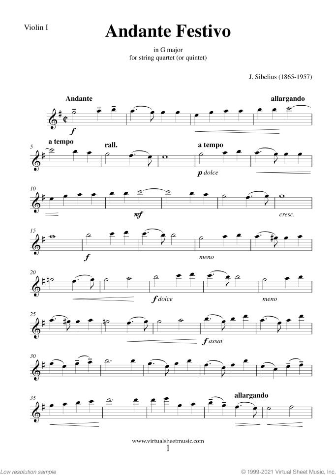 Andante Festivo (parts) sheet music for string quartet (or quintet) by Jean Sibelius, classical score, intermediate skill level
