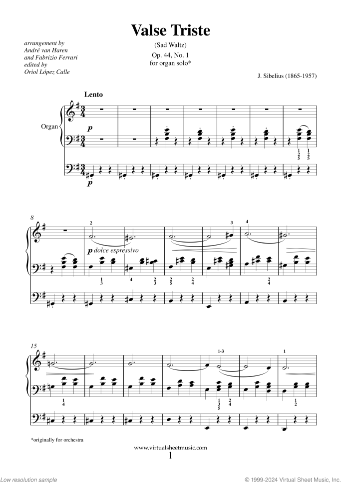 Valse Triste Op.44 No.1 sheet music for organ solo by Jean Sibelius, classical score, intermediate skill level
