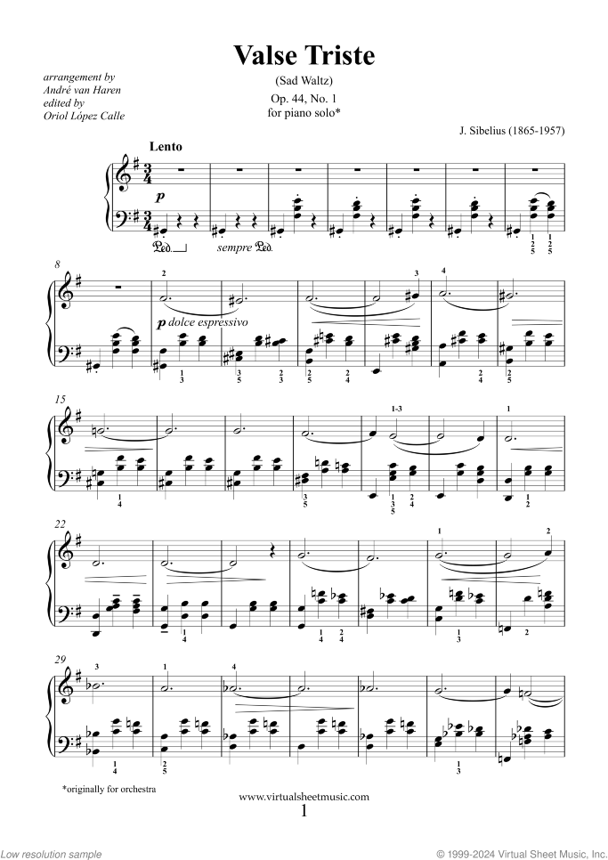 Valse Triste Op.44 No.1 sheet music for piano solo by Jean Sibelius, classical score, intermediate skill level