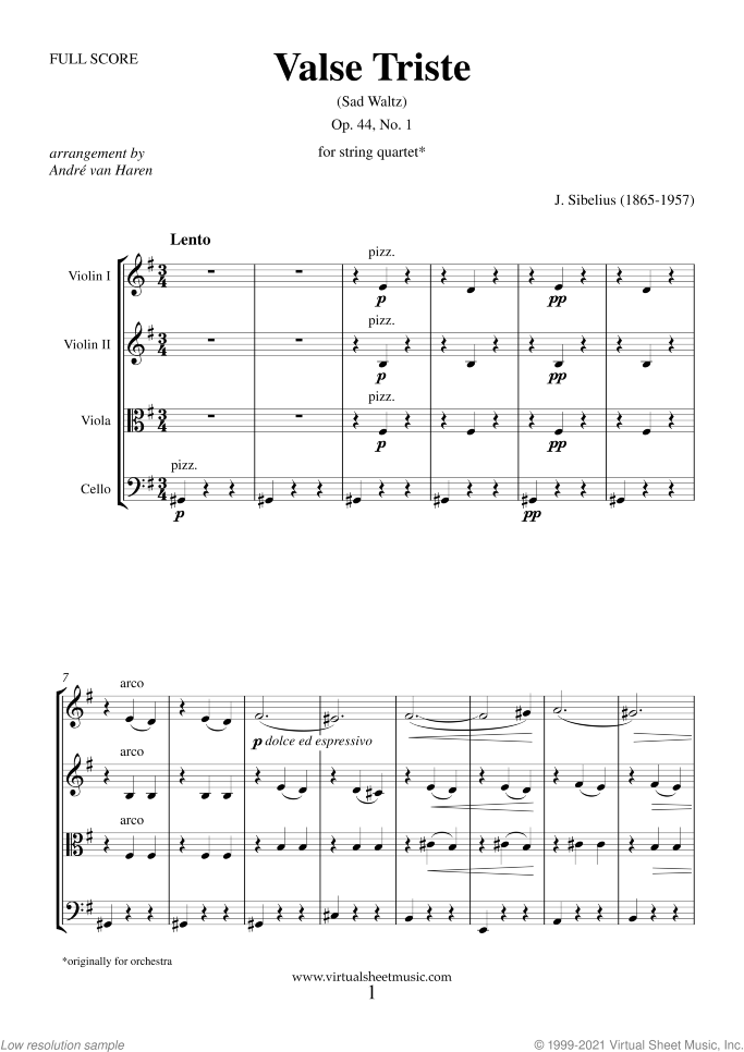Valse Triste Op.44 No.1 (COMPLETE) - NEW EDITION sheet music for string quartet by Jean Sibelius, classical score, intermediate/advanced skill level