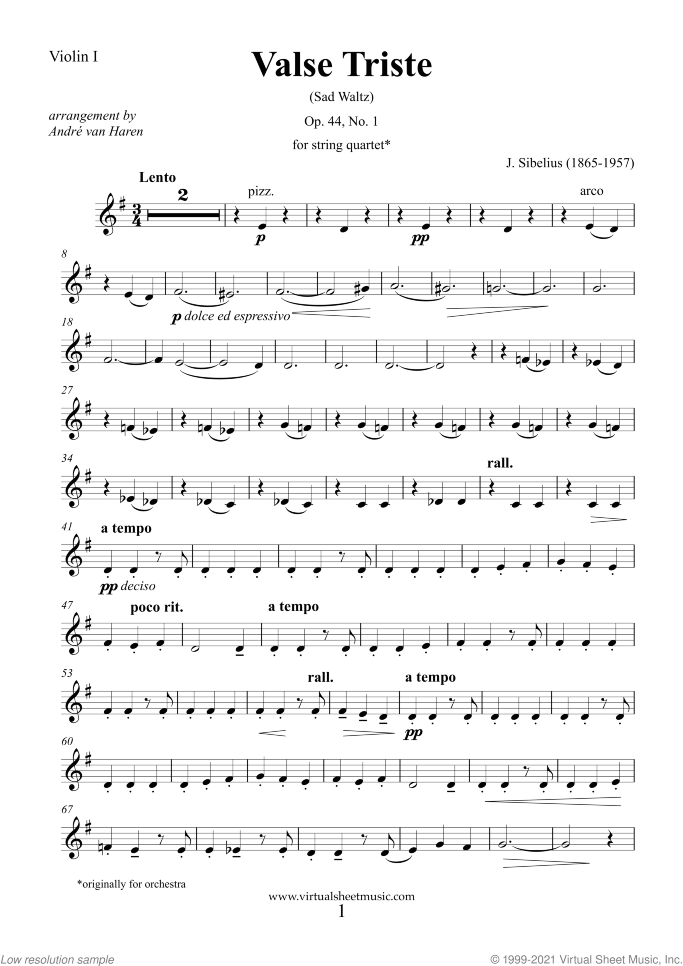 Valse Triste Op.44 No.1 (parts) - NEW EDITION sheet music for string quartet by Jean Sibelius, classical score, intermediate/advanced skill level