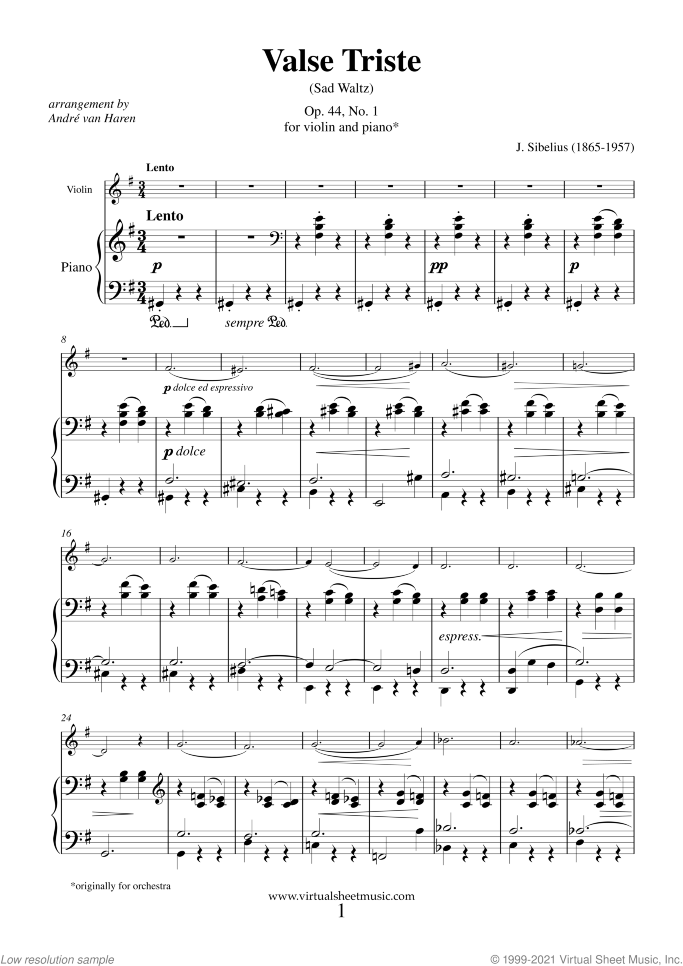 Valse Triste Op.44 No.1 sheet music for violin and piano by Jean Sibelius, classical score, intermediate skill level