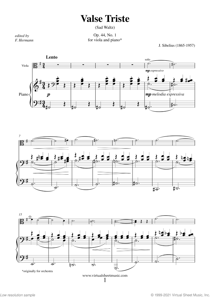 Valse Triste Op.44 No.1 sheet music for viola and piano by Jean Sibelius, classical score, intermediate skill level