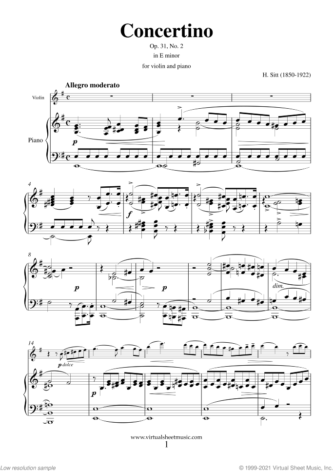 Concertino in E minor Op. 31 No. 2 sheet music for violin and piano by Hans Sitt, classical score, intermediate skill level
