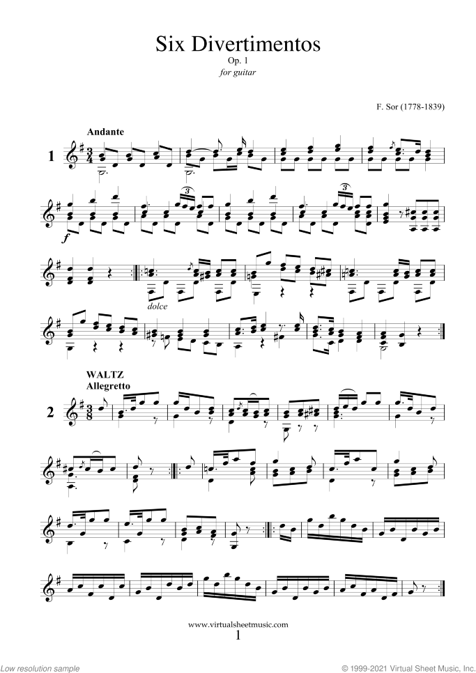 Six Divertimentos Op.1 sheet music for guitar solo by Fernando Sor, classical score, intermediate/advanced skill level