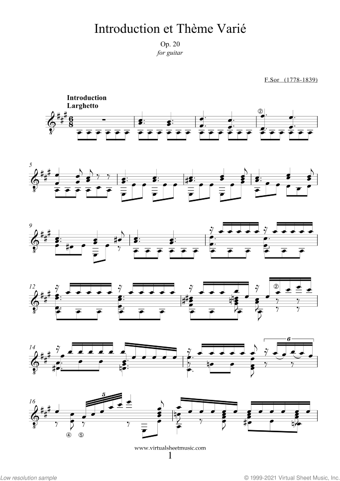Introduction et Theme Varie Op.20 sheet music for guitar solo by Fernando Sor, classical score, intermediate/advanced skill level