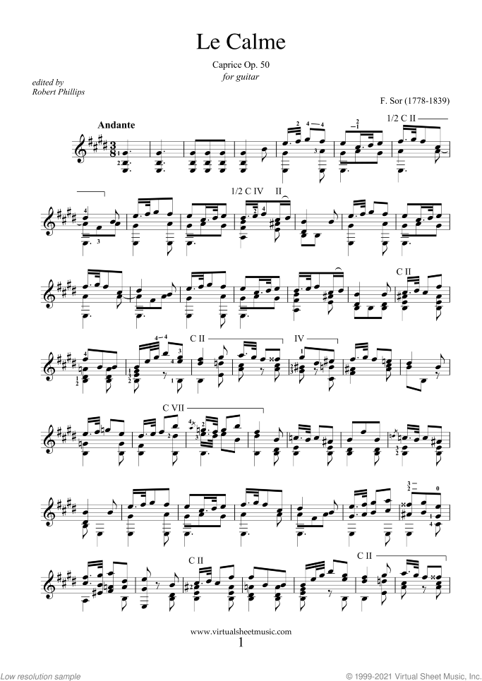 Le Calme sheet music for guitar solo by Fernando Sor, classical score, intermediate/advanced skill level