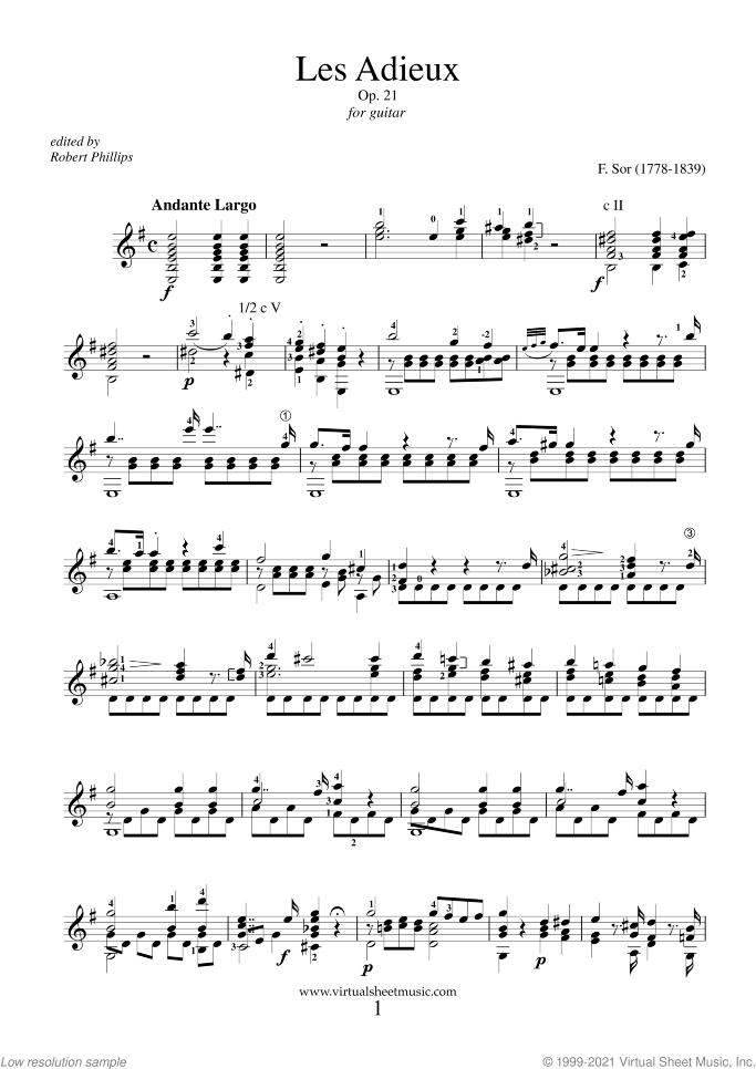 Les Adieux Op.21 sheet music for guitar solo by Fernando Sor, classical score, intermediate/advanced skill level