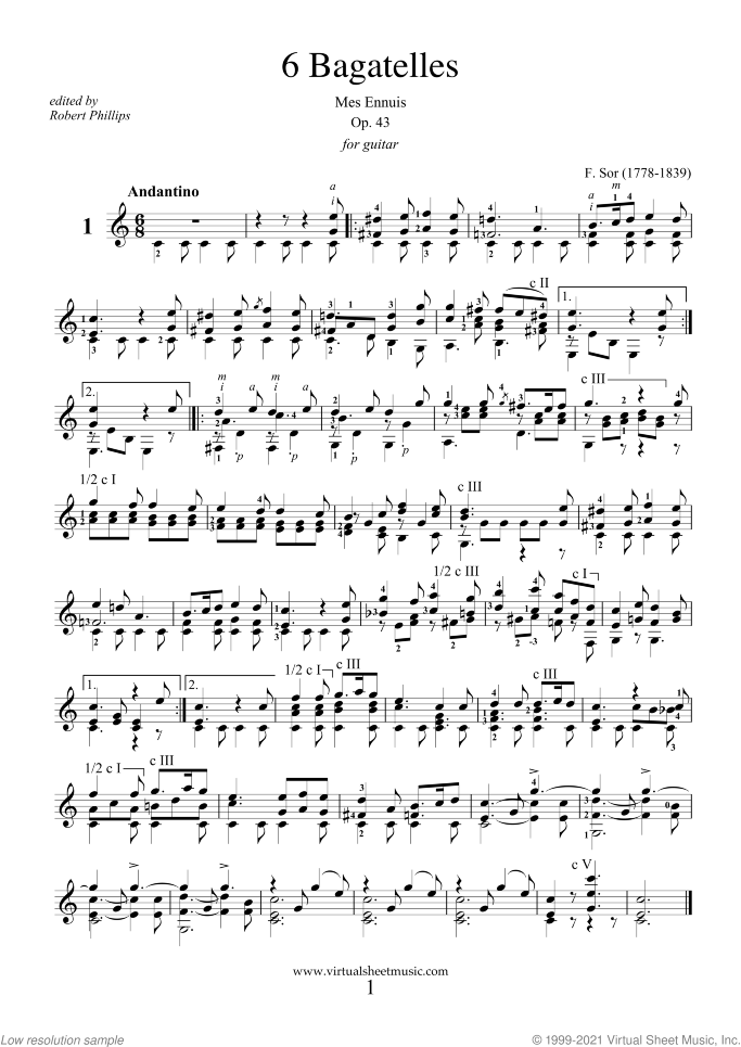 Bagatelles sheet music for guitar solo by Fernando Sor, classical score, intermediate/advanced skill level