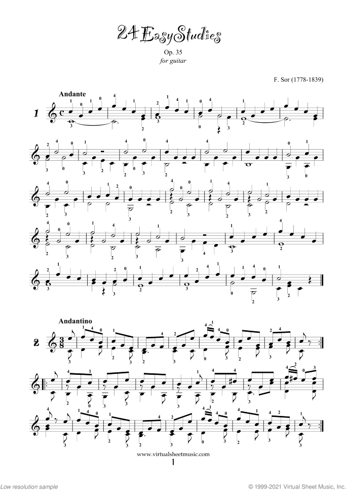 Easy Studies sheet music for guitar solo by Fernando Sor, classical score, easy/intermediate skill level