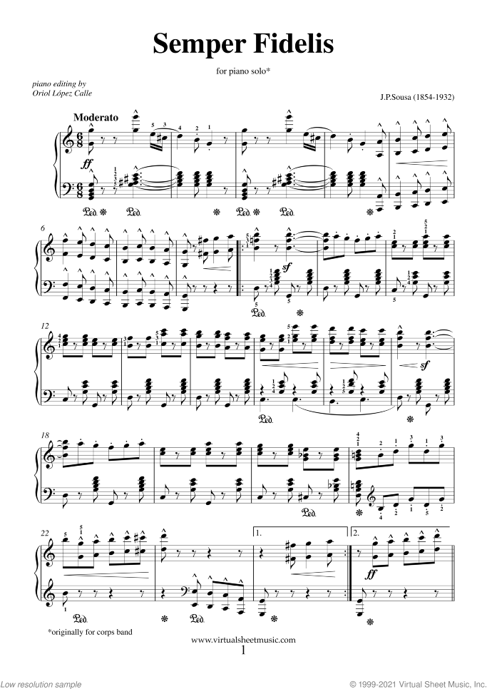 Semper Fidelis sheet music for piano solo by John Philip Sousa, classical score, intermediate/advanced skill level