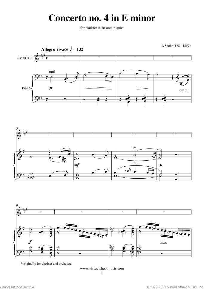 Concerto No. 4 in E minor sheet music for clarinet and piano by Louis Spohr, classical score, intermediate skill level