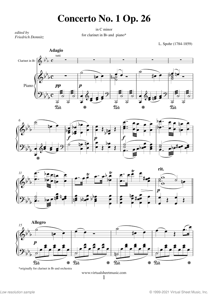 Concerto No. 1 Op. 26 in C minor sheet music for clarinet and piano by Louis Spohr, classical score, intermediate skill level
