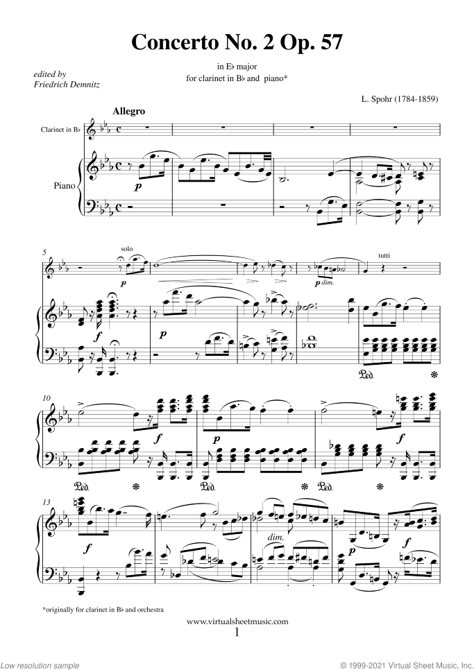 Concerto No. 2 Op. 57 in Eb major sheet music for clarinet and piano by Louis Spohr, classical score, intermediate skill level
