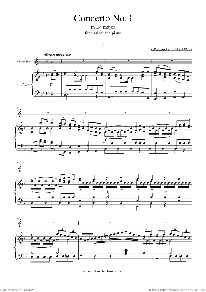 Concerto No.3 (NEW EDITION) sheet music for clarinet and piano by Karl Philip Stamitz, classical score, intermediate skill level