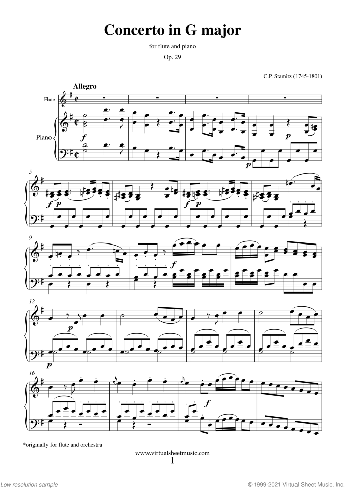 Concerto in G major Op. 29 sheet music for flute and piano by Karl Philip Stamitz, classical score, intermediate skill level