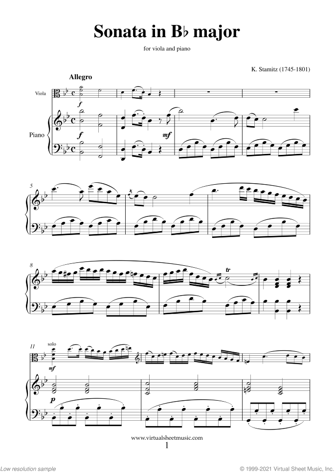 Sonata Op. 6 in Bb major sheet music for viola and piano by Karl Philip Stamitz, classical score, intermediate/advanced skill level