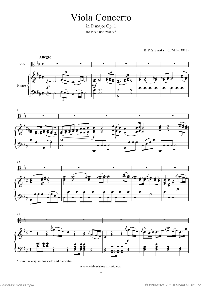 Concerto Op.1 No.1 sheet music for viola and piano by Karl Philip Stamitz, classical score, intermediate/advanced skill level
