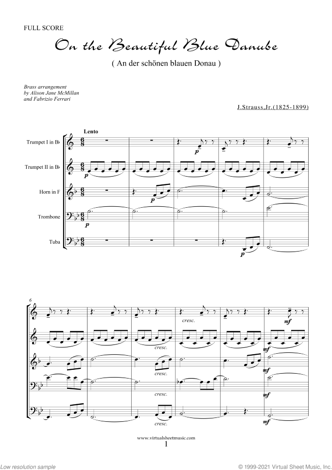 The Blue Danube (f.score) sheet music for brass quintet by Johann Strauss, Jr., classical score, intermediate/advanced skill level