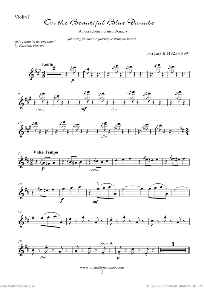 The Blue Danube (parts) sheet music for string quintet (quartet) or string orchestra by Johann Strauss, Jr., classical score, intermediate skill level