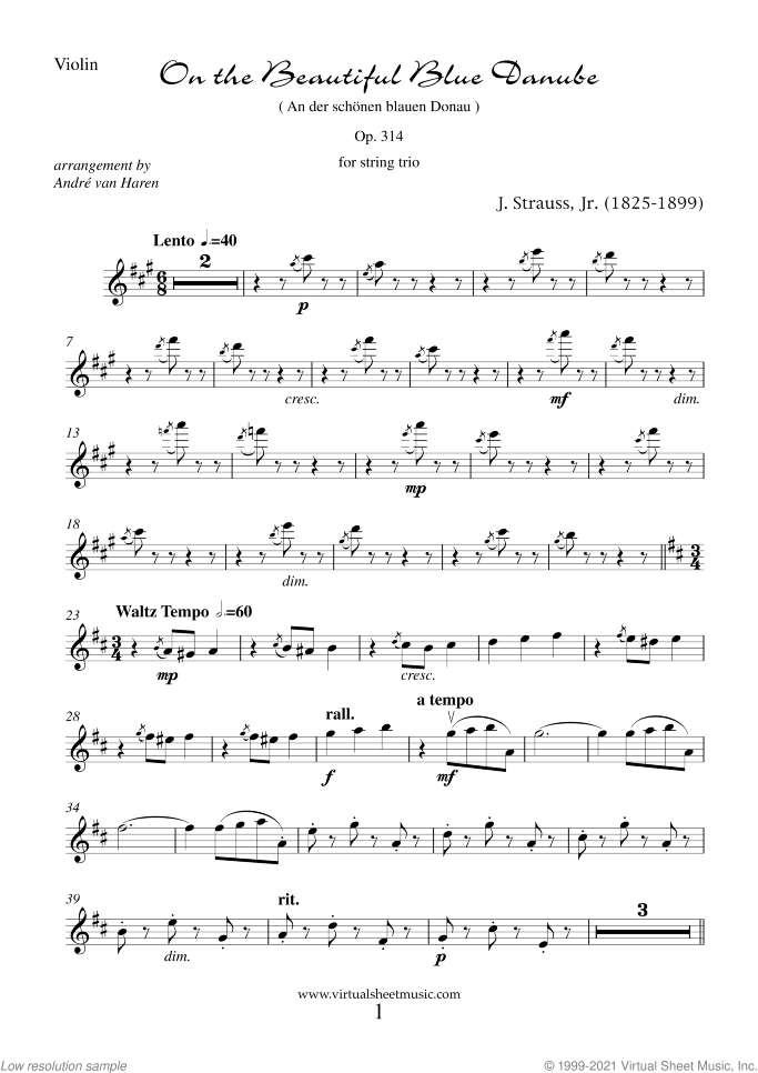 The Blue Danube (parts) sheet music for string trio by Johann Strauss, Jr., classical score, intermediate/advanced skill level