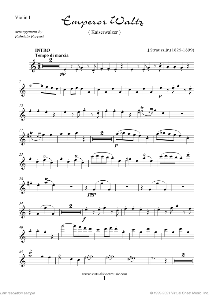 Emperor Waltz (parts) sheet music for string quintet (quartet) or string orchestra by Johann Strauss, Jr., classical score, intermediate skill level