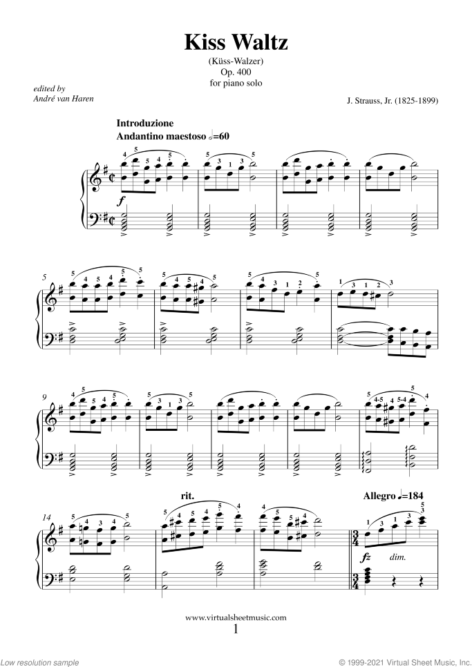 Kiss Waltz Op. 400 sheet music for piano solo by Johann Strauss, Jr., classical score, intermediate skill level