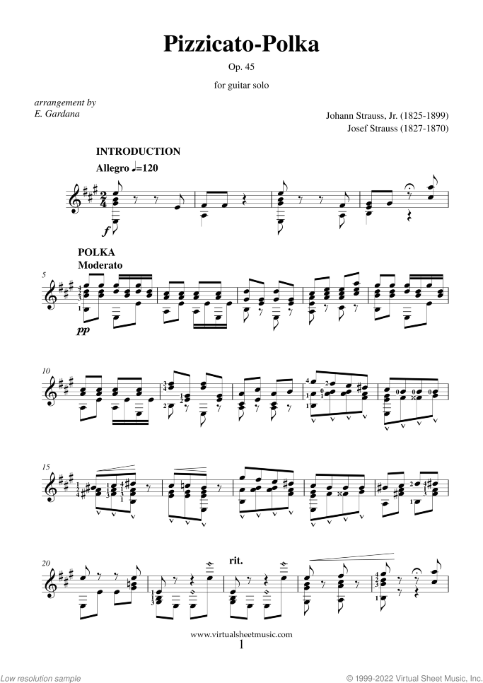 Pizzicato Polka sheet music for guitar solo by Johann Strauss, Jr., classical score, intermediate skill level