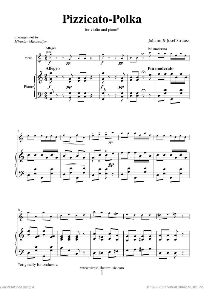 Pizzicato Polka sheet music for violin and piano by Johann Strauss, Jr., classical score, intermediate skill level
