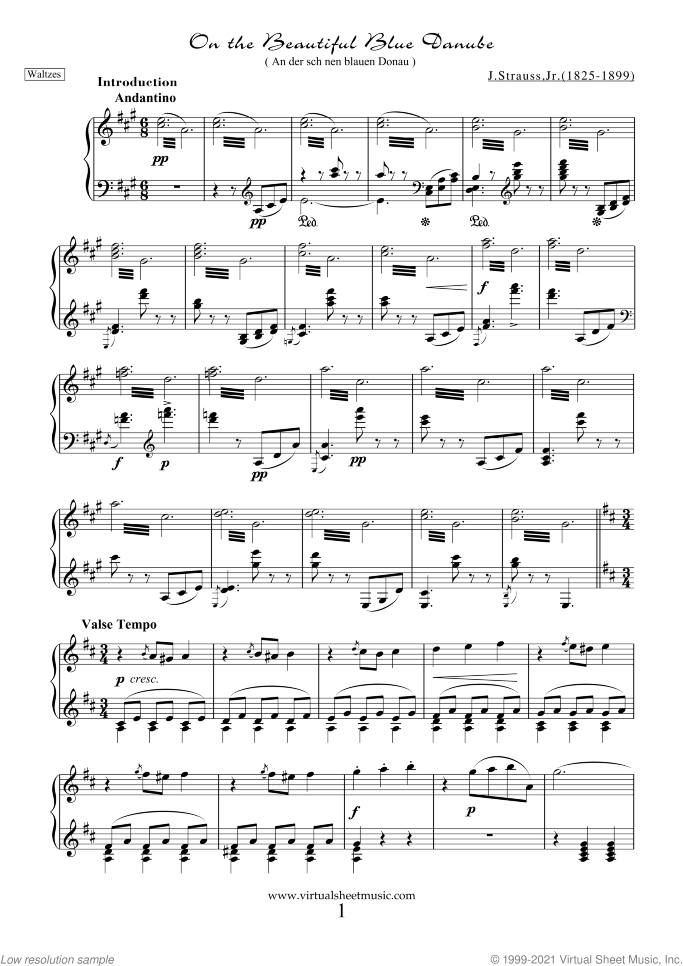 Waltzes sheet music for piano solo by Johann Strauss, Jr., classical score, intermediate skill level
